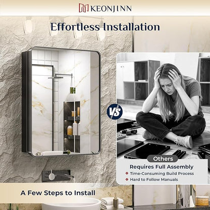 Keonjinn 20 x 32 Inch Black Mirrored Medicine Cabinet, Recessed Medicine Cabinets for Bathroom, Gloss Black Stainless Steel Framed, Adjustable Shelves, In Wall or Surface Mount, Sturdy & Heavy, Modern