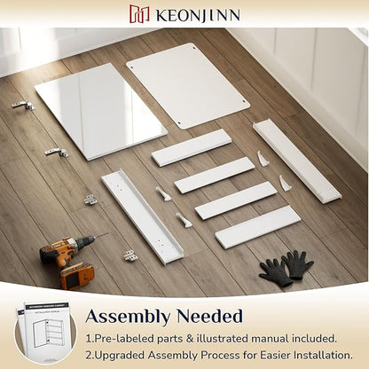 Keonjinn 60 x 32 Inch Medicine Cabinet, Assembly Required, White Bathroom Medicine Cabinets Mirror, Lightweight, Adjustable Shelves, Surface Mount or Recessed, Tempered Glass
