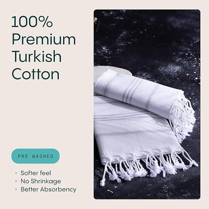 WETCAT Turkish Hand Towels with Hanging Loop, Set of 2 (20" x 30") 100% Turkish Cotton, Pre-Washed, Quick Drying, for Kitchen or Bathroom - Grey & White