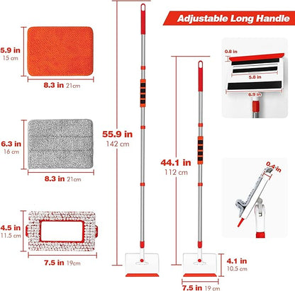 JEHONN Baseboard Cleaner Tool with Handle, 56 inches Base Boards Cleaning Mop Scrubber, 1 Stiff Bristles Brush, 2 Chenille and 2 Microfiber Pads, Wall Duster for Floorboard Ceiling Window Tile
