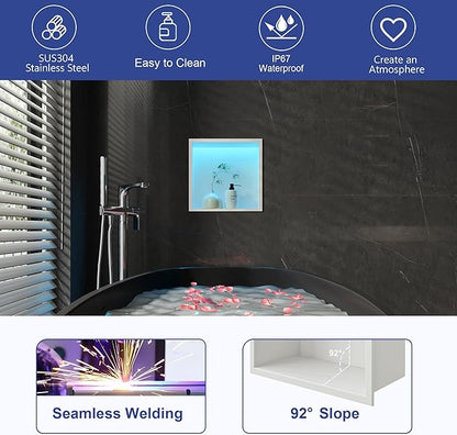 12X12 RGB Shower Niche, White Stainless Steel LED Recessed Storage, No Tile Needed Wall Niche for Bathroom Storage Built-in Installation
