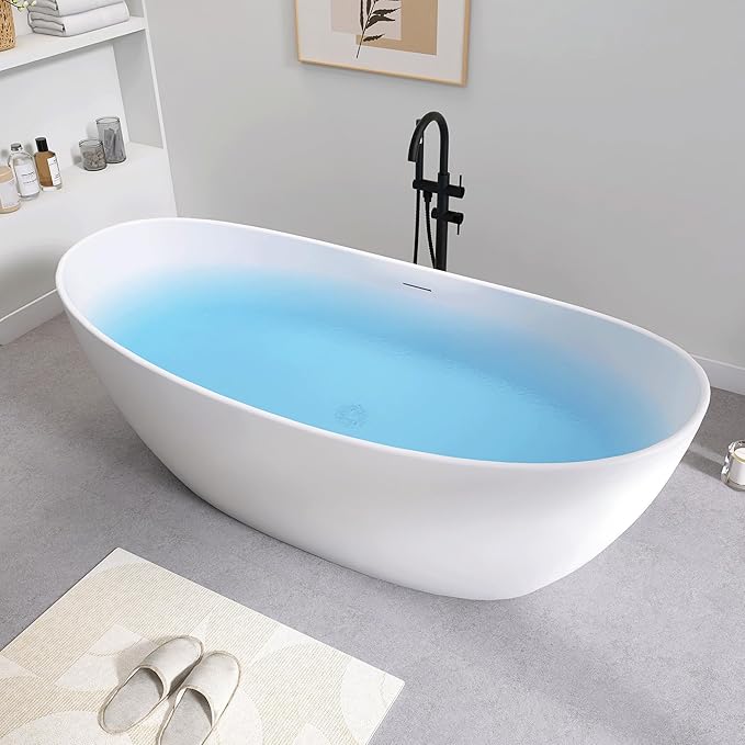 SJ STAR&JANE 73" Solid Surface Freestanding Bathtub Stone Resin Tub Oval Double Slippers Stand Alone Soaking Tub with Pop-up Drain and Overflow, Matte White