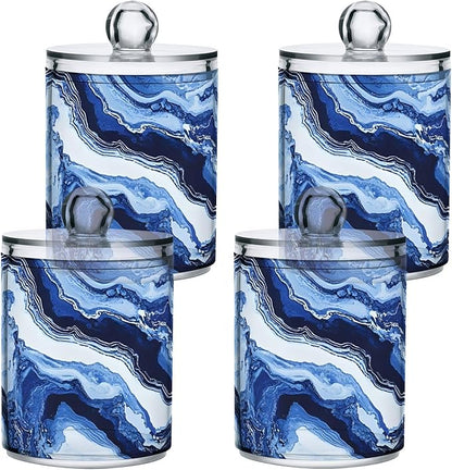 MNSRUU 4 Pack Qtip Holder Organizer Dispenser Blue Marbling Bathroom Containers Bathroom Vanity Storage Canister Apothecary Jars for Cotton Swabs/Pads/Floss