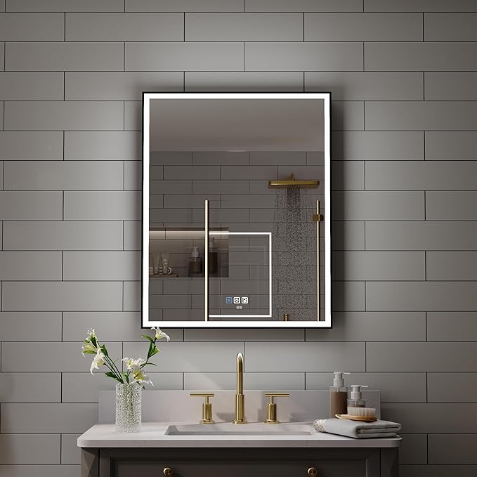 WELLFOR 24" X 30" LED Mirrored Medicine Cabinet, Medicine Cabinets with Lights for Bathroom, Defogging Mirror, Led Medicine Cabinet, Recessed or Surface Mounted, Single Right Opening Door