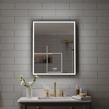 WELLFOR 24" X 30" LED Mirrored Medicine Cabinet, Medicine Cabinets with Lights for Bathroom, Defogging Function Mirror Cabinet, Bathroom Medicine Cabinet with USB Port & Outlet, Left Opening Doors