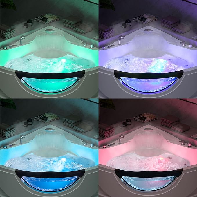 Empava 59" Corner Whirlpool Bathtub for 2-Person, Luxury Jetted Spa Tub with 10 Hydro Massage Jets, Built-In Heater, Chromatherapy LED Lights & Constant Heat System, ETL Certified Acrylic Tub