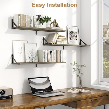 Fun Memories Floating Shelves for Wall, 36 Inches Long Set of 3 Wall Shelves for Bedroom, Floating Bookshelves with Metal Brackets for Living Room, Kitchen, Bedroom and Laundry Room (Grey)