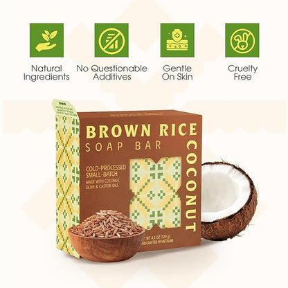 Brown Rice & Coconut Milk Soap Bar (Pack of 5) – 2-in-1 Exfoliating & Moisturizing Handmade Soap, Cold Process Bar with Brown Rice & Coconut Oil, Made in Vietnam
