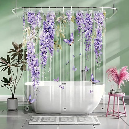Clear Purple Floral Lavender Butterfly Shower Curtain, Plastic Transparent Cute Pretty Flower Decorative Aesthetic Shower Curtains for Bathroom, 72x78 Weighted Magnetic Shower Curtain Liner with Hooks