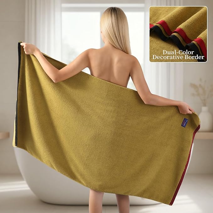 REDKISS 2 Pack 100% Cotton Bath Towels with Luxury Embellished Border Design, Oversized 27 x 54 Inches & 600 GSM Ultra Soft Bath Towel Set, Quick Dry Towels for Bathroom, Gym, Hotel, Mustard Yellow