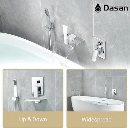 Upgraded Wall Mount Tub Filler Faucet with Handheld Shower, DASAN Modern Wall Mounted Bathtub Faucet Chrome High Flow Waterfall Tub Faucet with Rough in Valve, SA-TF04WH-PC