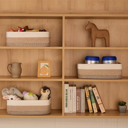 Large Shallow Organizing Baskets 15x11x5.1 Inches - Rope Woven Storage Bins for Bathroom, Shelves, Cube Closet, Gradient Brown 4 Packs