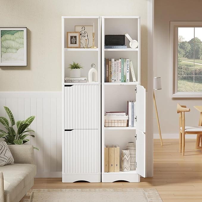 67" Tall Bathroom Organizer and Storage, Narrow Storage Cabinet with 2 Doors and 4 Shelves, Freestanding Floor Storage Unit,15.7" W x 11.8" D x 66.9" H, White