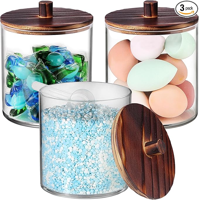 SheeChung 3 Pack 50 Oz Large Apothecary Jar with Wood Lid, Laundry Pods Container, Storage Jars for Bathroom Organization, Plastic Canisters with Cute Stickers Spoons(Dark Brown)