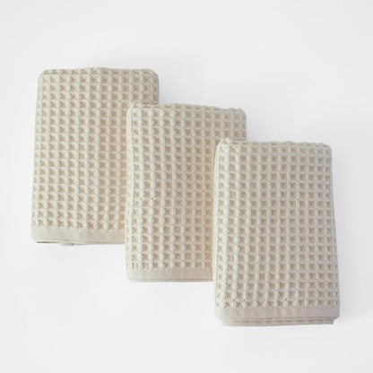 PÜSKÜL Waffle Kitchen Towels - Premium 100% Turkish Organic Cotton Ultra Soft Quick Dry Absorbent Lint Free Hand Dish Towel 32X16 Inches (3, Natural Beige)