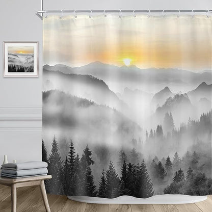 Riyidecor Misty Mountain Shower Curtain 72Wx72H Inch Black Sunrise Foggy Woodland Greenery Smokey Scenery Tree Nature Pine Scenic Rustic Bathroom Decor Fabric Polyester Waterproof 12 Pack Hooks