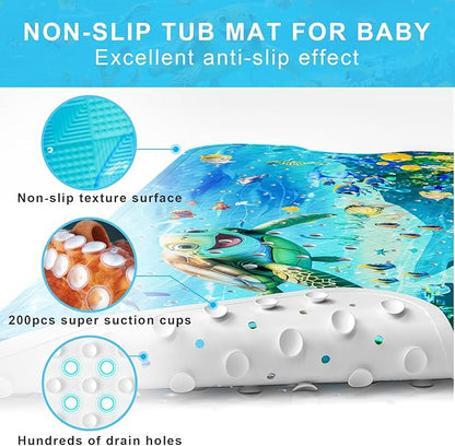 Upgrade Cartoon Baby Bath Mat Non Slip - 40"x16" Extra Long Bathtub Mat for Baby Eco Friendly Durable Bath Mat for Tub Non Slip Kids Tub Mat with Suction Cups, Machine Washable and No Fading, Turtle