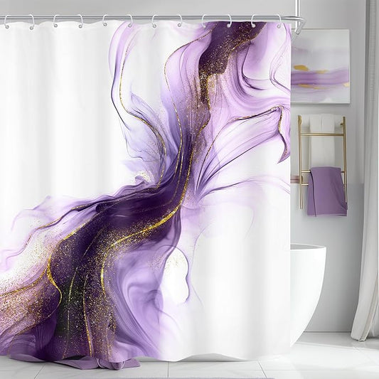 Cinbloo Purple Shower Curtain 60Wx72H Abstract Marble Ombre Gold Bathroom Decor for Women Modern Elegant Ink Texture Minimalist Chic Aesthetic Artistic Neutral Bath Curtain Fabric with 12 Hooks