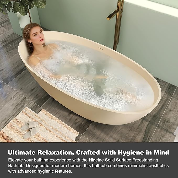 65" Premium Solid Surface Free Standing Bathtub, Upgraded Milky Coffee Design Stone Resin Soaking Tub with Overflow and Pop-up Drain