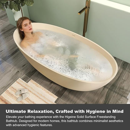 65" Premium Solid Surface Free Standing Bathtub, Upgraded Milky Coffee Design Stone Resin Soaking Tub with Overflow and Pop-up Drain