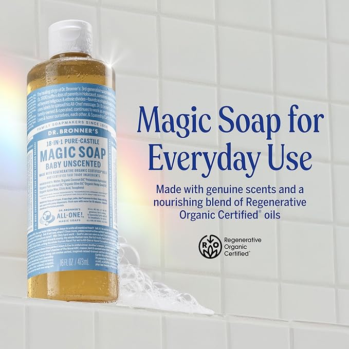 Dr. Bronner's Pure-Castile Magic Liquid Soap (Baby Unscented, 16 Ounce, 2-Pack)- Made with Regenerative Organic Certified Oils, For Face, Hair, Hand & Body Soap, Laundry, Pets- Concentrated, Vegan