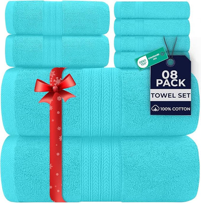 DAN RIVER 8 PC Luxury Bath Towels for Bathroom, 2 Bath, 2 Hand, and 4 Wash Cloths, 600 GSM 100% Ring Spun Cotton Towel Set, Highly Absorbent, Gym, Hotel, and Spa, Aqua