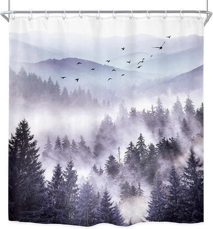 Riyidecor Purple Mountain Shower Curtain 72Wx72H Inch Nature Scenery Landscape Rustic Pine Tree Misty Foggy Mountain View for Mens Natural Bathroom Decor Fabric Polyester Waterproof 12 Pack Hooks