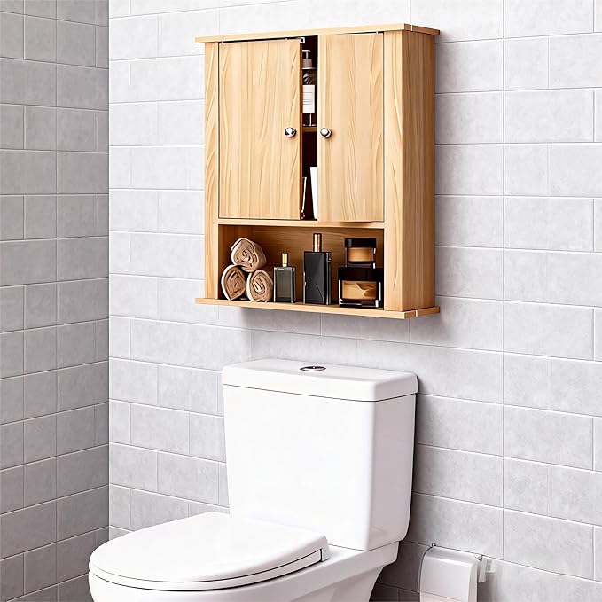 Bathroom Cabinet Wall Mount, Over The Toilet Storage Cabinet, Medicine Cabinet with 2 Doors, Bathroom Storage Cabinet, Upper Storage Cabinets for Kitchen Laundry Room (Nature)