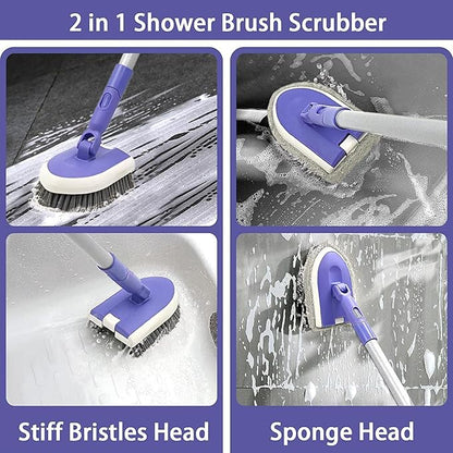 2 in 1 Tile Tub Scrubber Brush with 46.8" Extendable Long Handle, Shower Mop and Tub Cleaning Brush with 2 Different Function Cleaning Heads for Cleaning Bathroom Kitchen Wall Bathtub Floor
