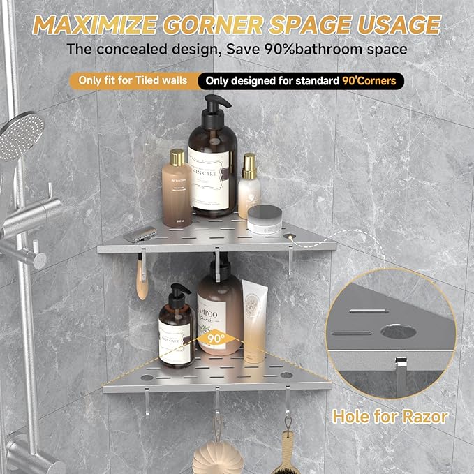 Corner Shower Shelf 10" Silver 304 Stainless Steel Recessed Shelf for Bathroom，Shower Corner Rack with Razor Hole Hook， Grout in Shelf for Tiled Wall, 2 Pack