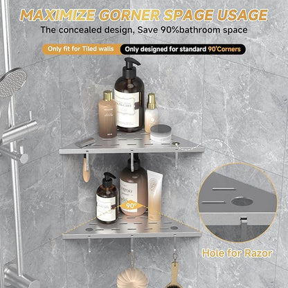 Corner Shower Shelf 10" Silver 304 Stainless Steel Recessed Shelf for Bathroom，Shower Corner Rack with Razor Hole Hook， Grout in Shelf for Tiled Wall, 2 Pack