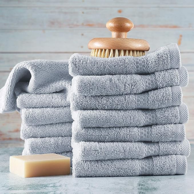 Hearth & Harbor Washcloths 12 Pack - 100% Cotton Washcloth for Body and face, High Absorbent and Soft 13"x13" Body Wash Cloth, Quick Dry - Ice Blue Washcloths