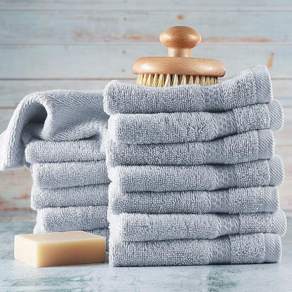 Hearth & Harbor Washcloths 12 Pack - 100% Cotton Washcloth for Body and face, High Absorbent and Soft 13"x13" Body Wash Cloth, Quick Dry - Ice Blue Washcloths