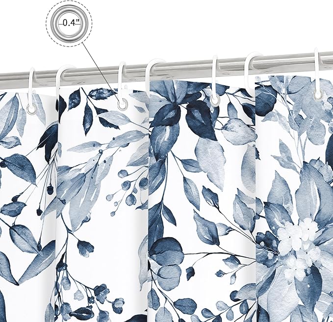 Gibelle Small Stall Shower Curtain 36 x 72, Narrow Navy Blue Floral Shower Curtain for Bathroom, Watercolor Plant Eucalyptus Leaves Fabric Shower Curtain Set