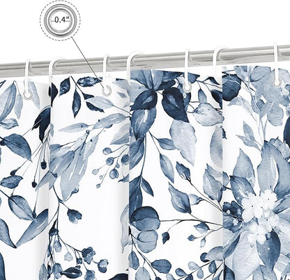Gibelle Small Stall Shower Curtain 36 x 72, Narrow Navy Blue Floral Shower Curtain for Bathroom, Watercolor Plant Eucalyptus Leaves Fabric Shower Curtain Set