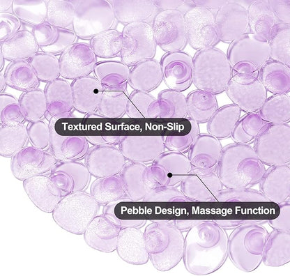 WELTRXE Pebbles Bath Mat Oval Non-Slip Bathtub Mat with Suction Cups, Drain Holes for Bathroom Showers, Tub, Machine Washable, BPA, Latex Free Safe Shower Mats, 27 x 14 Inch, Purple