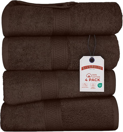 RIVERSIDE 100% Ring Spun Cotton Large Bath Towels Set of 4, 27 x 54 Inches – Quick Dry, Soft & Highly Absorbent Towels for Shower & Bathroom – Luxury 600 GSM Towels for Home, Spa, Gym, Hotel, Brown