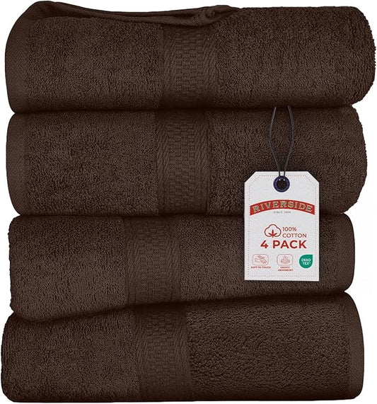 RIVERSIDE 100% Ring Spun Cotton Large Bath Towels Set of 4, 27 x 54 Inches – Quick Dry, Soft & Highly Absorbent Towels for Shower & Bathroom – Luxury 600 GSM Towels for Home, Spa, Gym, Hotel, Brown