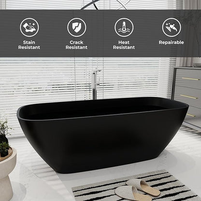 SJ STAR&JANE 67" Solid Surface Freestanding Bathtub Oval Stone Resin Soaking Tub Modern Stand Alone Tub with Overflow & Pop-up Drain, Matte Black for Bathrooms