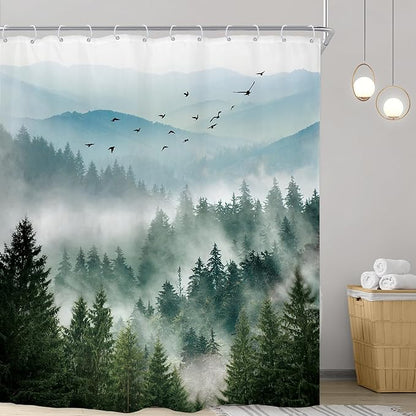 Riyidecor Green Mountain Shower Curtain 72Wx96H Inch Extra Long Nature Rustic Woodland Tree Scenery,Alpine Landscape Natural Foggy Mens Bathroom Decor Fabric Polyester Waterproof 12 Pack Hooks