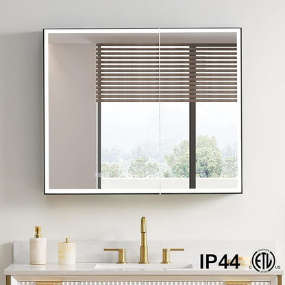 WELLFOR 36" X 30" LED Mirrored Medicine Cabinet, Medicine Cabinets with Lights for Bathroom, Defogging Function Mirror Cabinet, Bathroom Medicine Cabinet with USB Port & Outlet, Double Doors
