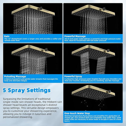 Hibbent High Pressure 13'' Dual Shower Head Combo with 10-mode Handheld Spray, Upgraded Rainfall 5-spray Shower Head, 12'' Adjustable Extension Arm, 71'' Hose, Showerhead Holder, Brushed Gold
