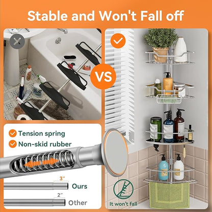 Corner Shower Caddy Tension Pole Rustproof, 4 Tier Adjustable Shower Organizer Tension Pole, 25-125 Inch Bathroom Shower Organizer for Bathtub Shampoo Storage, Silver