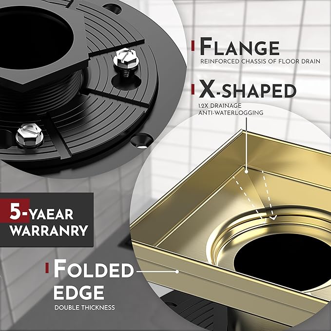 WEBANG 6 Inch Square Shower Drain Gold Floor Drain with Flange Reversible 2-in-1 Cover Tile Insert Grate Removable SUS304 Stainless Steel CUPC Certified Brushed Gold