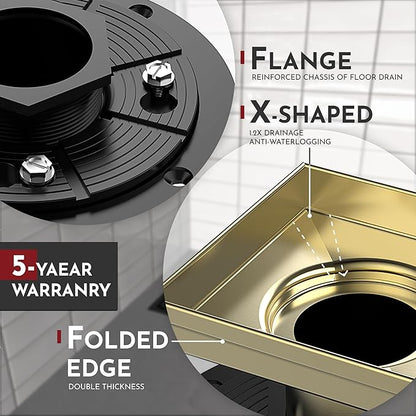 WEBANG 6 Inch Square Shower Drain Gold Floor Drain with Flange Reversible 2-in-1 Cover Tile Insert Grate Removable SUS304 Stainless Steel CUPC Certified Brushed Gold