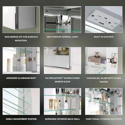 WELLFOR 30" X 30" LED Medicine Cabinet with Mirror, Double Opening Door, Recessed or Surface Cabinet Mirror, Bathroom Mirror Cabinet, Medicine Cabinet with Lights with Outlets & USB Ports