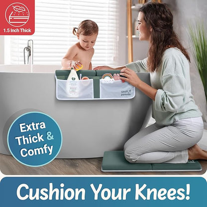 Baby Bath Kneeler and Elbow Rest Pad Set - Quick-Dry, Non-Slip Kneeling Pad for Bathing Toddler, Toy Organizer Pockets, Gift Box, Accessories for Tub, Green