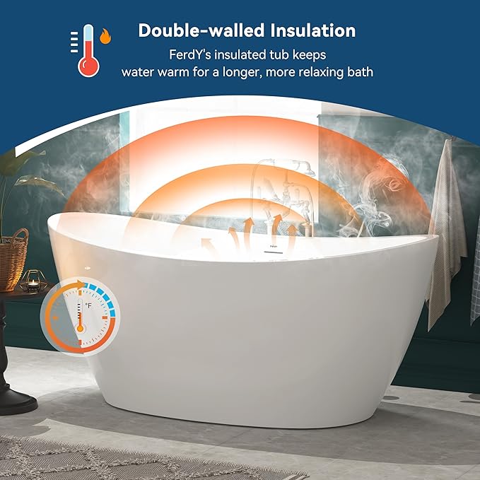 FerdY Naha 67" Freestanding Bathtub, Curve Edge Soaking Bathtub with Brushed Nickel Drain and Minimalist Linear Design Overflow, Easy to Install 588