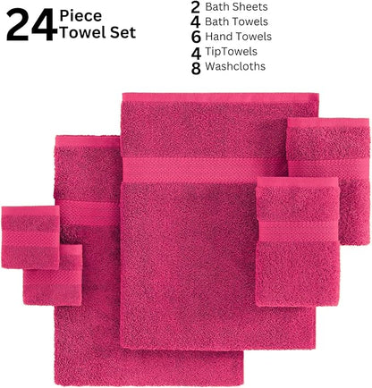 LANE LINEN 100% Cotton Bathroom Towels Set - 24 PCs - Quick Dry, Soft & Absorbent - Genlte On Skin - 4 Bath, 4 Fingertip, 6 Hand Towel, 8 Washcloths, 2 Bath Sheets for Her - Fuchsia