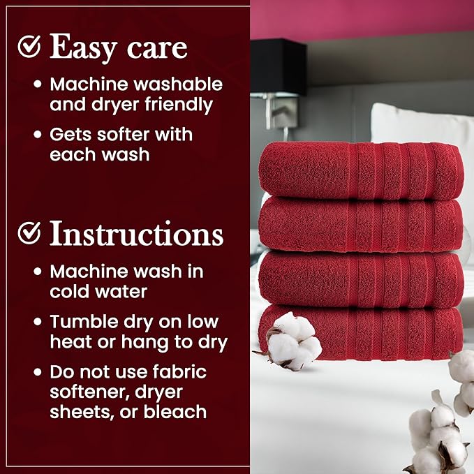 HALLEY Turkish 4 Pack Premium Bath Towels (4 Pieces) 650 GSM Highly Absorbent Super Soft 100% Cotton - 4 Bath Towels (Red)
